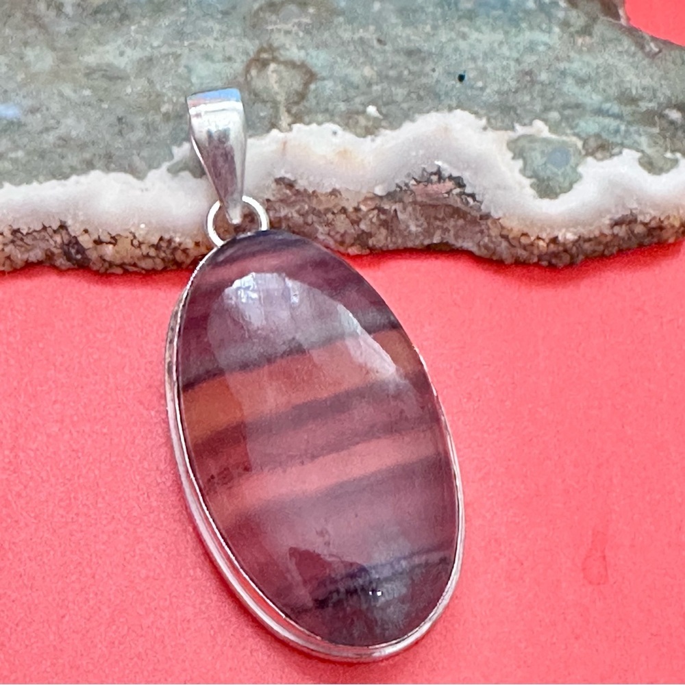 RUBYRUDI Artisan Jewelry FLUORITE Purple and Brown Oval Stone Pendant Necklace